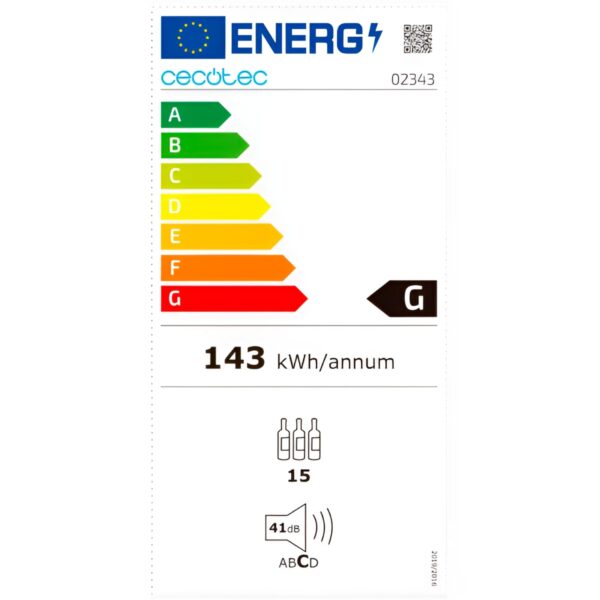 Etiqueta de eficiencia energética clase G de la vinoteca Cecotec GrandSommelier 15000 Inox.