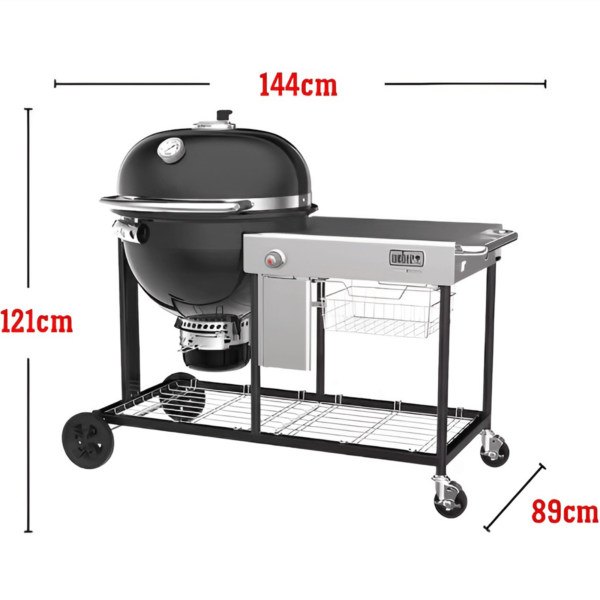 Imagen de la barbacoa Summit® Kamado S6 de carbón, con dimensiones anotadas de 144 cm de ancho, 121 cm de alto y 89 cm de profundidad.