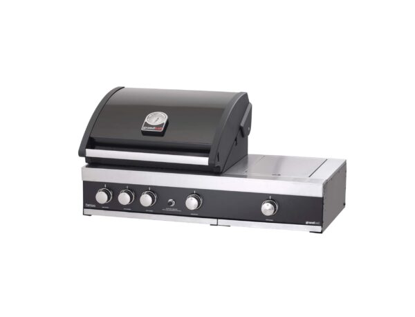 Barbacoa Premium G3 Built in Plus con tapa cerrada, mostrando su elegante diseño en negro y panel frontal de acero inoxidable con cuatro controles de ajuste.