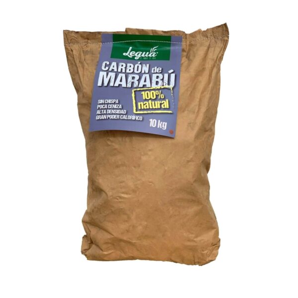 Saco de carbón de marabú Legua de 10 kg con etiqueta promocional resaltando sus cualidades 100% naturales, sin chispas y con alto poder calorífico.