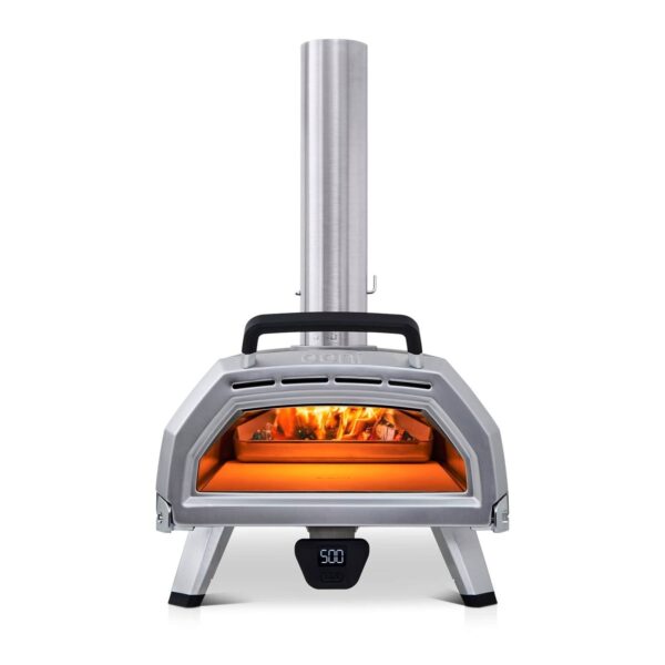 Horno para pizzas Ooni Karu 16 con llama activa y termómetro digital a 500 °C.