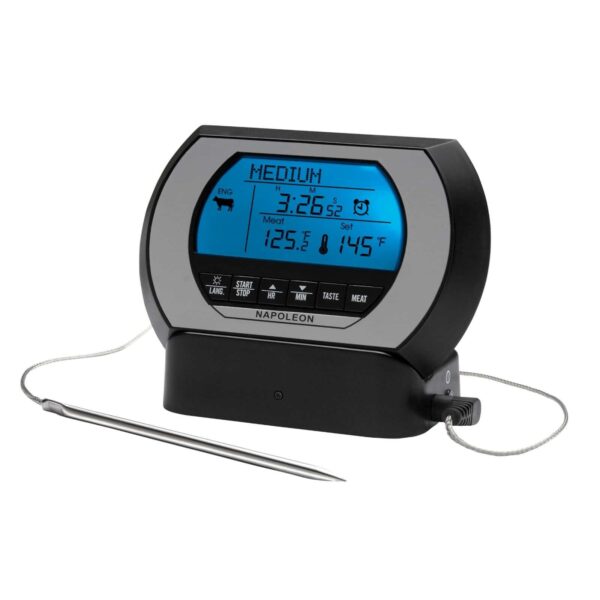 Imagen del Termómetro Inalámbrico Digital Napoleon PRO mostrando su pantalla LCD azul, sonda de acero inoxidable y controles para diferentes tipos de carne y temperaturas.