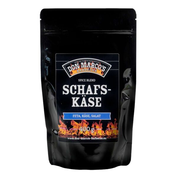 Bolsa de mezcla de especias Schafs-käse de Don Marco's Barbecue, con diseño en negro y detalles de llamas, ideal para quesos, ensaladas y platos mediterráneos.