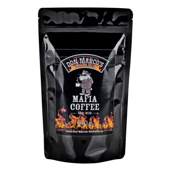 Bolsa de especias Mafia Coffee BBQ-Rub de Don Marco's Barbecue, con diseño negro y detalles de llamas naranjas en la parte inferior.