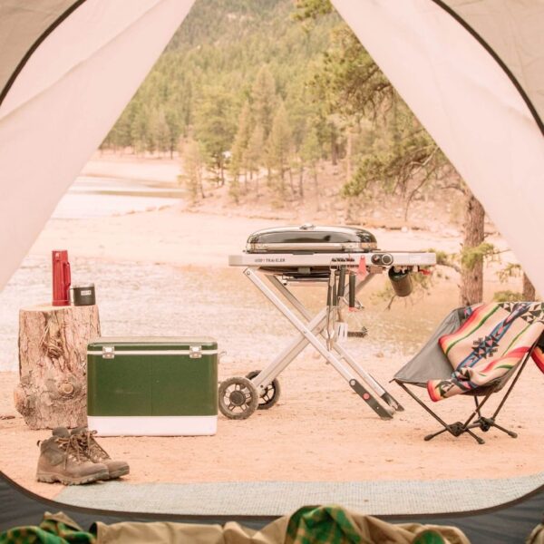 Vista desde el interior de una tienda de campaña hacia una barbacoa Weber Traveler y equipo de camping junto a un lago en un entorno natural.