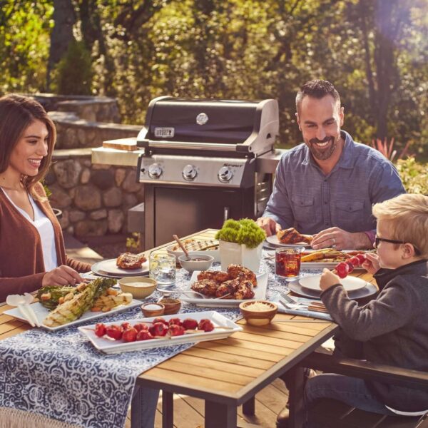 Familia disfrutando de una comida al aire libre junto a la barbacoa Weber Spirit E-315 GBS.