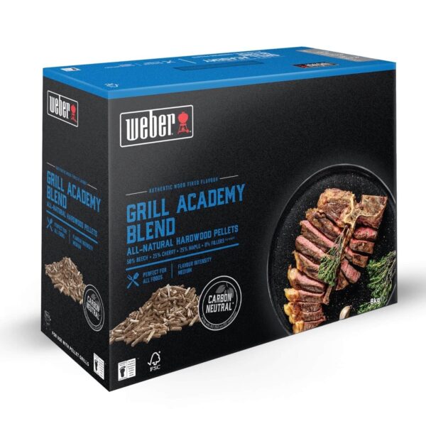 Caja de Pellets Mezcla Grill Academy Weber de 8 kg con imagen de un plato de carne a la parrilla.