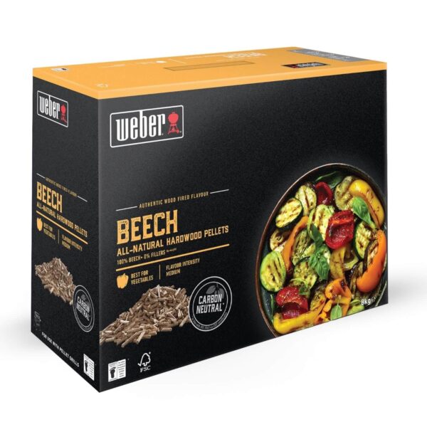 Caja de Pellets Naturales de Haya Weber de 8 kg, ideal para verduras y compatible con barbacoas de pellets.