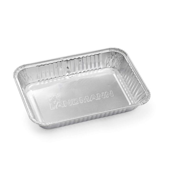 Bandeja de goteo de aluminio de marca Landmann, vacía y brillante, diseñada para recoger grasas en barbacoas.