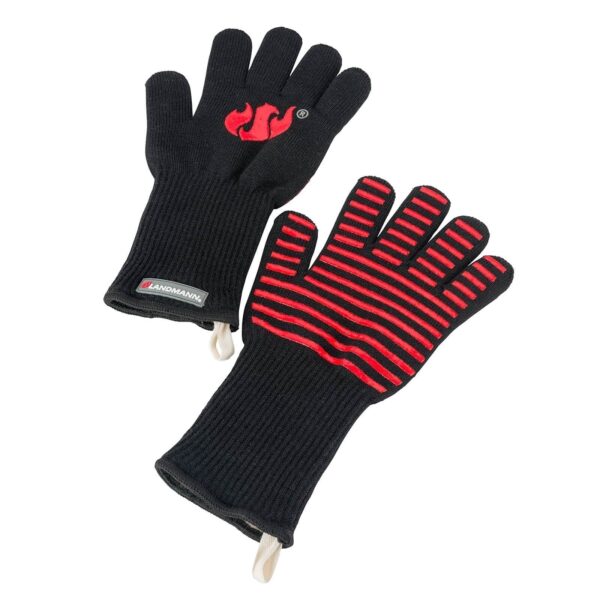 Par de guantes para barbacoa Landmann en negro con detalles de silicona roja para un agarre seguro, y puños largos para protección adicional.