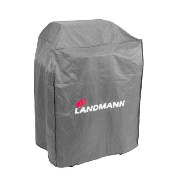 Funda para barbacoa Landmann de color gris, tamaño 80x120 cm, con el logotipo de LANDMANN visible en el frente