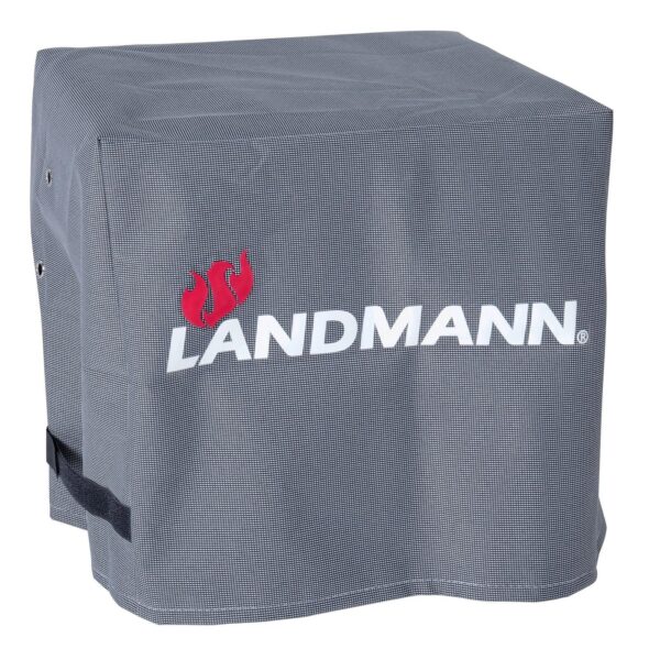 Funda protectora para barbacoa de color gris con el logo de "LANDMANN" y una llama roja, mostrando orificios de ventilación y correas de ajuste.