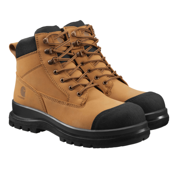 Botas unisex de seguridad Carhartt en color caqui oscuro con puntera de fibra de vidrio y suela Vibram.