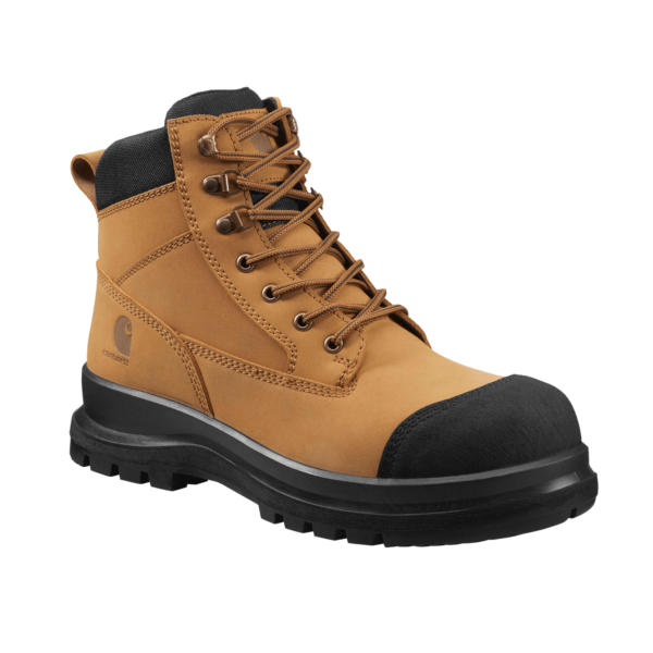 Bota de seguridad Carhartt en color caqui oscuro con puntera reforzada y suela Vibram.