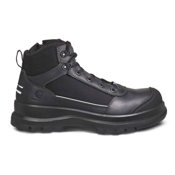 Vista lateral de las botas de seguridad Carhartt en color negro, con puntera reforzada y suela antideslizante.