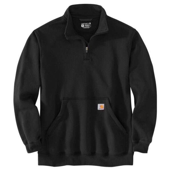 Sudadera negra de Carhartt con cremallera de 3/4, cuello vuelto y bolsillo frontal.