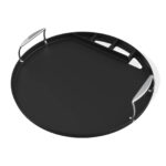 Round cast iron griddle with stainless steel handles, raised rim and liquid drainage groove, designed for 57 cm Weber Kettle barbecue.