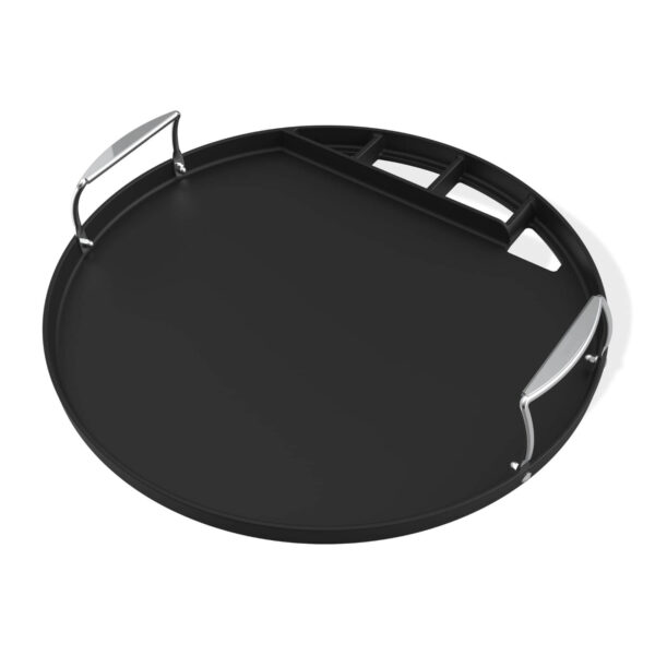 Plancha redonda de hierro fundido con asas de acero inoxidable, borde elevado y ranura de evacuación de líquidos, diseñada para barbacoa Weber Kettle de 57 cm.