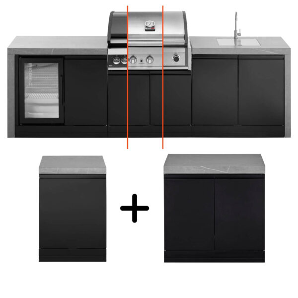 Imagen que muestra las variantes de la cocina exterior modular Grandpro 426 WF Series, destacando su diseño versátil y modular con una barbacoa encastrada, nevera, fregadero y módulos de almacenamiento.