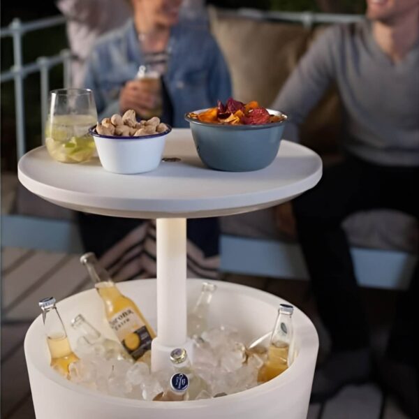 Mesa nevera CoolBar de Keter con bebidas frías y aperitivos sobre la tapa, utilizada durante una reunión al aire libre.