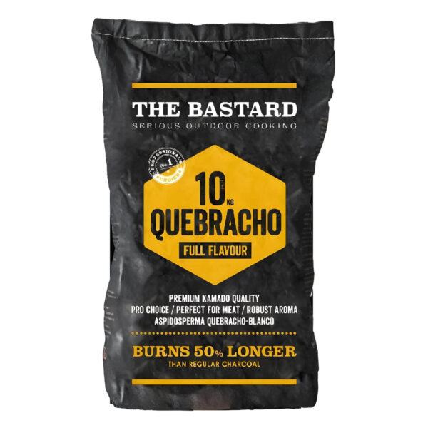 Bolsa de carbón The Bastard Quebracho Blanco 10 kg, diseñado para barbacoas premium con quema prolongada y aroma robusto.