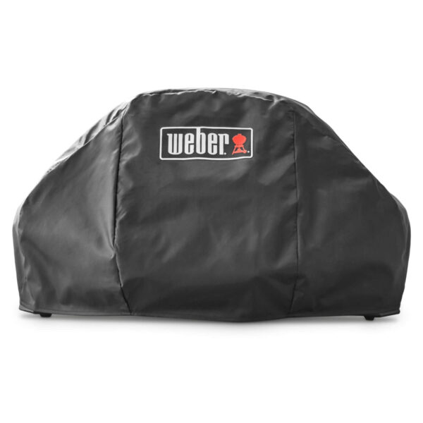 Funda Premium Pulse 2000 de Weber en color negro con logo bordado, diseñada para proteger barbacoas de la serie Pulse 2000.