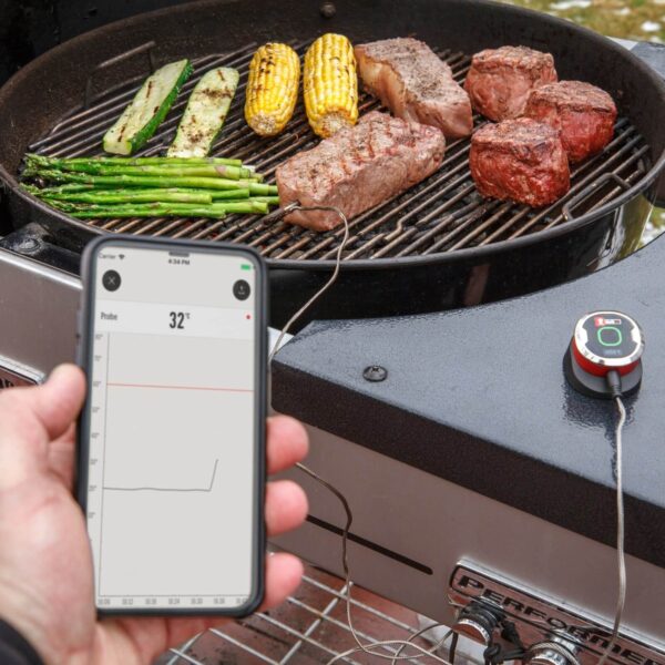 Parrilla con carne y vegetales, monitoreada con el iGrill Mini de Weber y un teléfono móvil mostrando la temperatura en la app Weber iGrill.