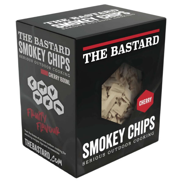 Caja de astillas de madera de cerezo The Bastard Smokey Chips, con sabor afrutado, ideal para ahumado de carnes y verduras.