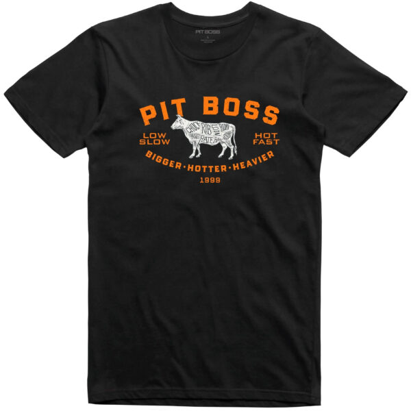 Camiseta negra 'Pit Boss Grillin' Master' con gráfico de buey y eslogan 'Low Slow Hot Fast Bigger-Hotter-Heavier'.