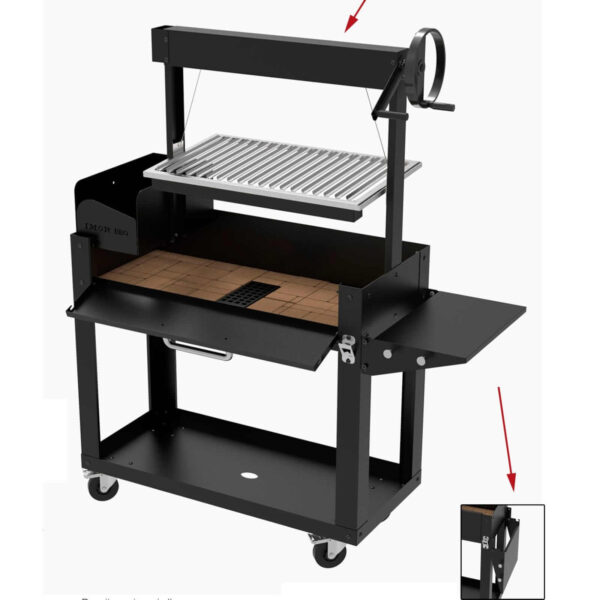 Parrilla Leñagrill con detalles resaltados, incluyendo la parrilla en V, cajón recoge cenizas y ruedas con frenos.