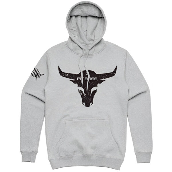 Sudadera gris con capucha y logo de Pit Boss Bull en el frente.