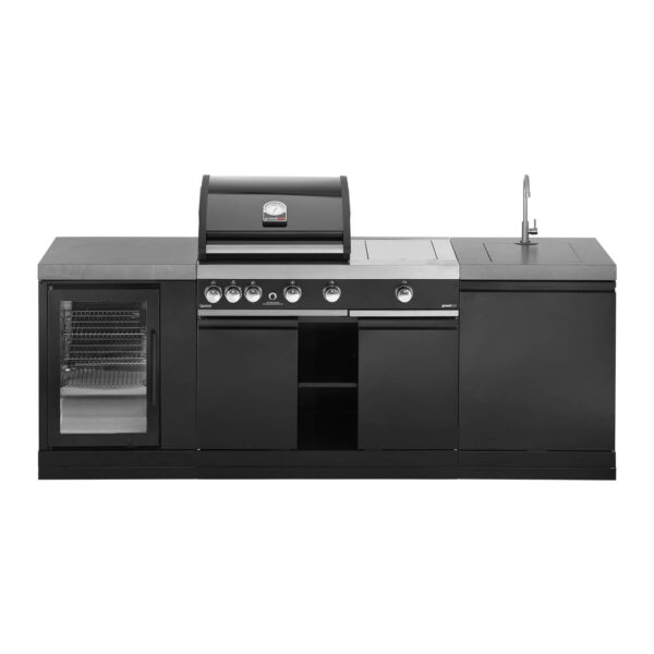 Cocina exterior Premium G4 Plus de la serie GrandPro 230 con fregadero, grifo y refrigerador incorporado, en diseño elegante de color negro.