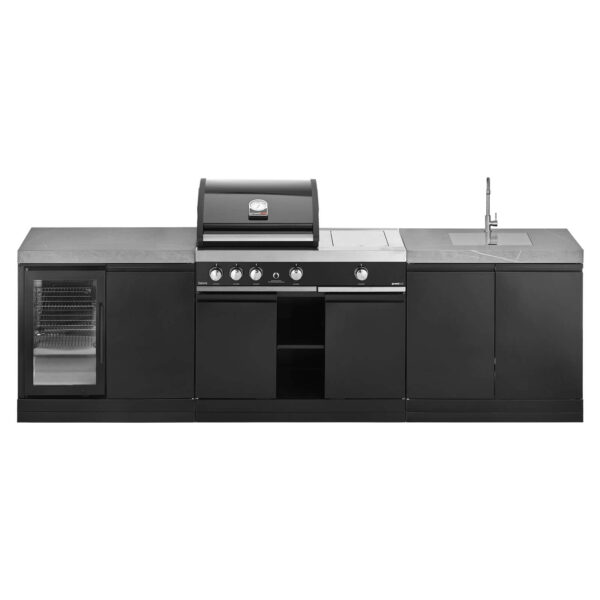 Cocina modular al aire libre GrandPro 287 con barbacoa Premium G3 Plus, frigorífico empotrado y fregadero de acero inoxidable, acabados en elegante negro.