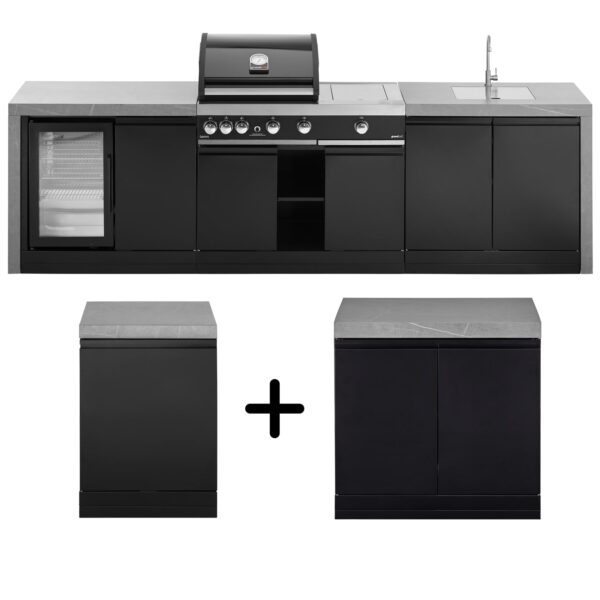 Cocina modular de exterior Premium G4 Plus con módulos integrados de refrigeración y fregadero, todo en acabado negro contemporáneo.