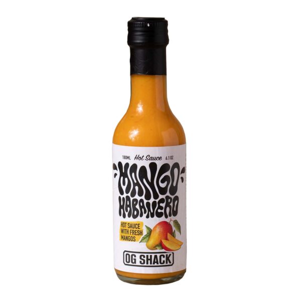 Botella de 180 ml de Salsa Mango Habanero OG Shack con etiqueta blanca y diseño de mango.