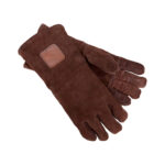 Brown suede gloves with logo, designed for heat protection in the kitchen and grill, ideal for safe handling of hot utensils.