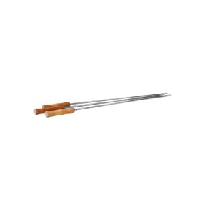 Tres brochetas de acero inoxidable con mango de madera, longitud de 85 cm, ideales para asar carnes y vegetales en parrillas.
