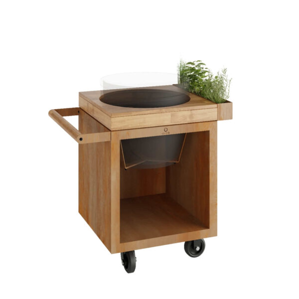 Mesa Kamado OFYR modelo 65 de acero corten con encimera de teca y compartimento para hierbas.