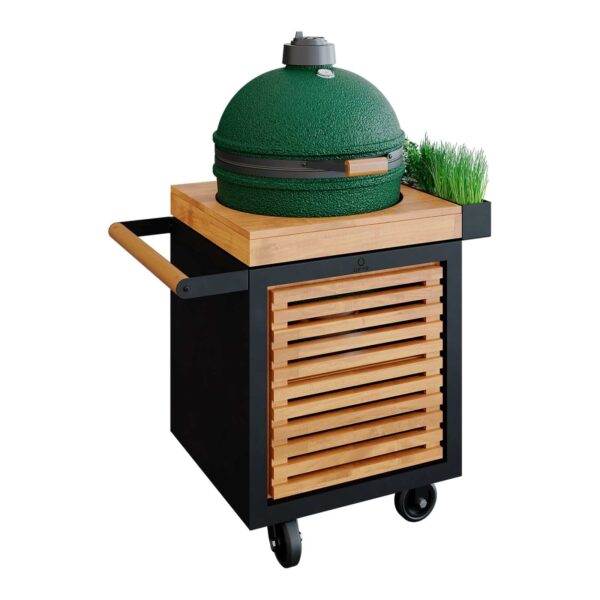 Almacenaje Pro de Teca de OFYR con un Kamado verde en la parte superior, diseño moderno y funcional para cocinas al aire libre.