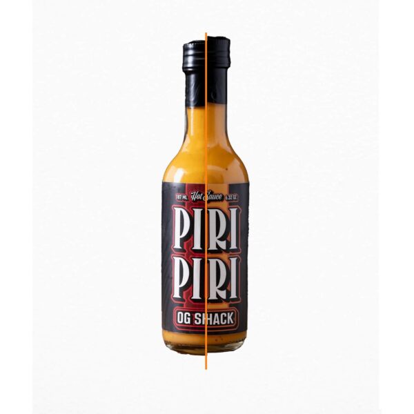 Botella de salsa Piri Piri OG Shack con niveles de picante Hot y Mid, presentación de 187 ml, sobre fondo blanco.