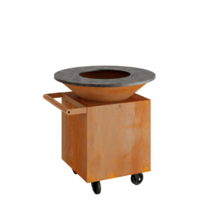 Barbacoa de Leña Classic Pro en acabado corten sin almacenamiento, con asas de madera de teca y ruedas.
