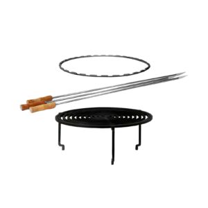 OFYR Grill and Skewers Set with round grill, holder, skewer ring and steel skewers with wooden handle.