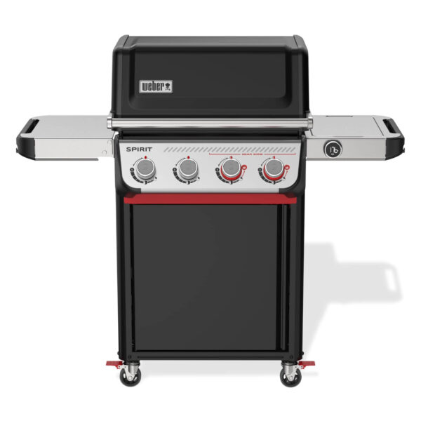 Barbacoa de gas Weber Spirit EP-425 de diseño elegante, con cuatro quemadores, Sear Zone y mesas laterales de acero inoxidable.