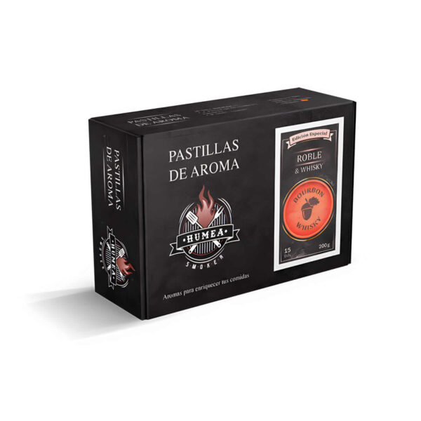 Caja de pastillas aromáticas Humea Smoker sabor Roble y Whisky Bourbon, perfecta para ahumar carnes, quesos y platos intensos, 100 % natural.