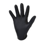 Black nitrile disposable glove with close-fitting design and non-slip texture.