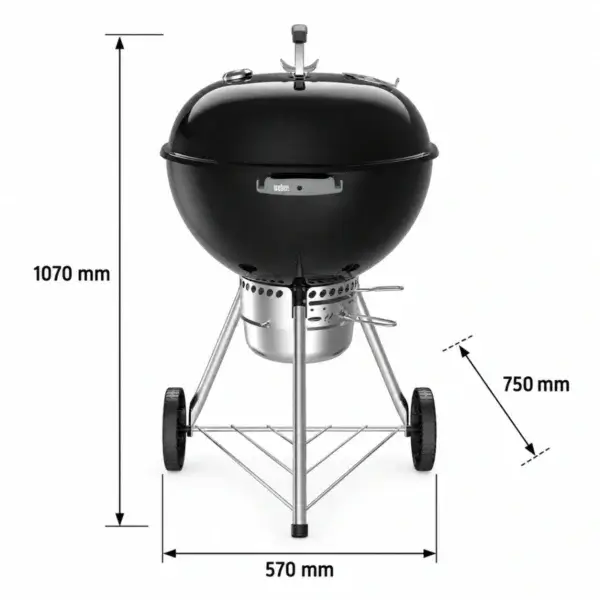 Gráfico de dimensiones de la Weber Original Kettle Premium de 57 cm con 1070 mm de alto, 570 mm de ancho y 750 mm de fondo.