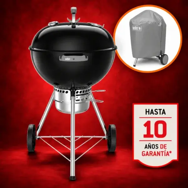 Gráfico promocional de la Weber Original Kettle Premium de 57 cm con funda y distintivo de hasta 10 años de garantía.