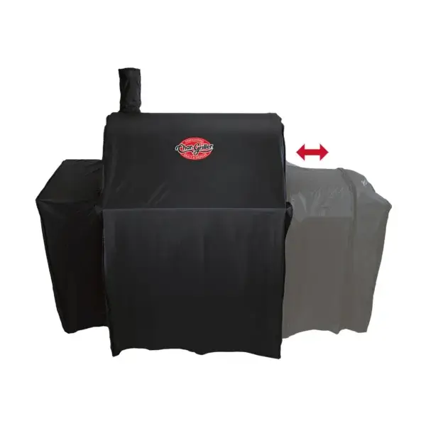 Funda universal Char-Griller 5533 con flecha que indica el ajuste extensible del lateral derecho