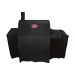 Front view of the Char-Griller 5533 universal cover on a barbecue with extended side shelves.