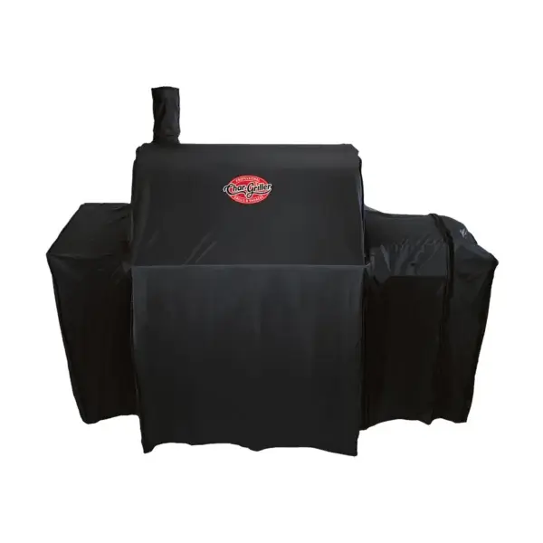 Front view of the Char-Griller 5533 universal cover on a barbecue with extended side shelves.